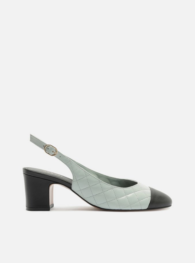 Scarpin Azul Couro Salto Bloco Fivela Slingback