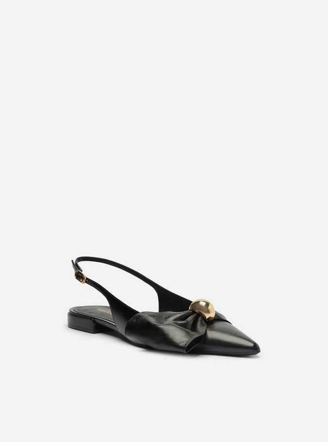 Sapatilha Preta Couro Slingback Laço Metal
