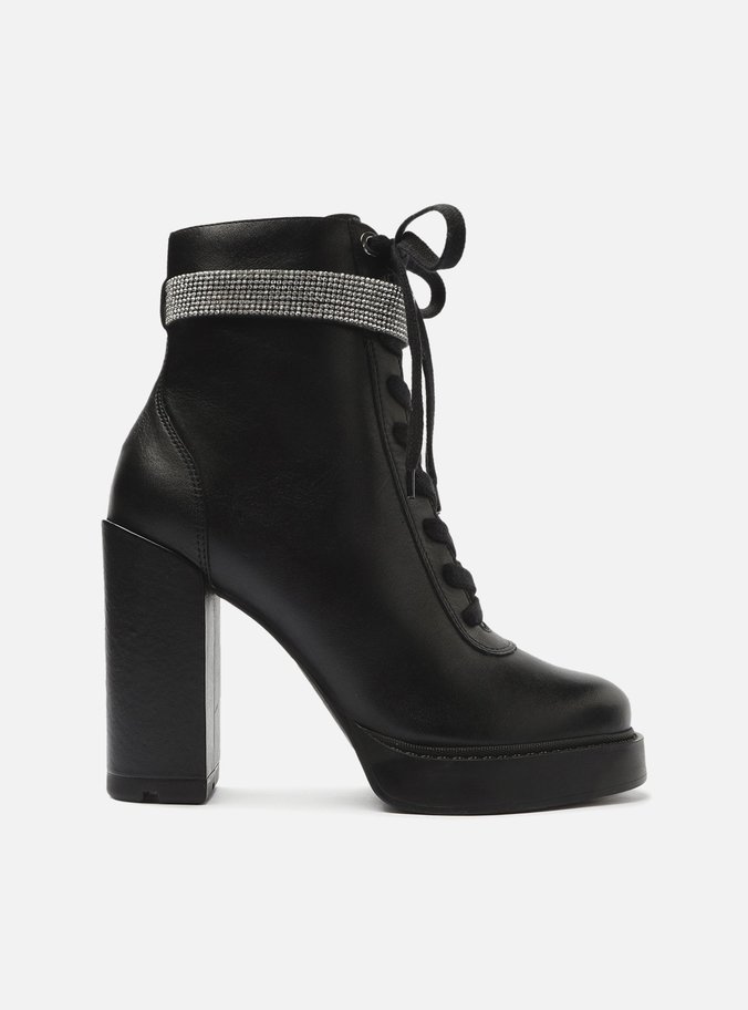 Bota Coturno Preta Couro Salto Alto Strass