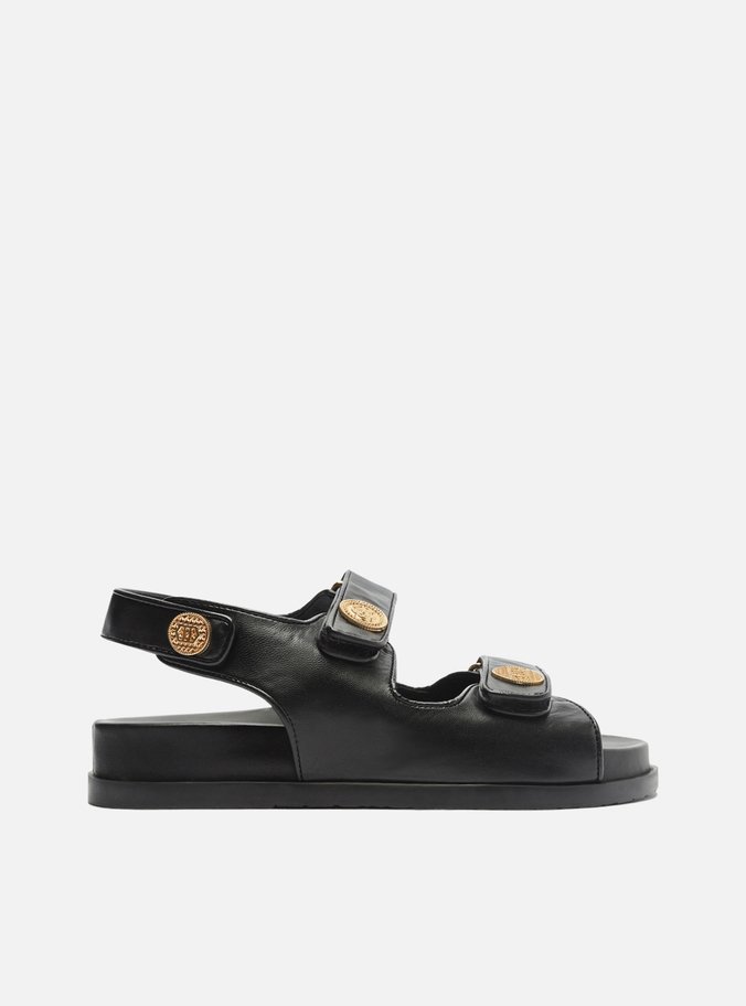Sandália Papete Preta Couro Tiras Velcro