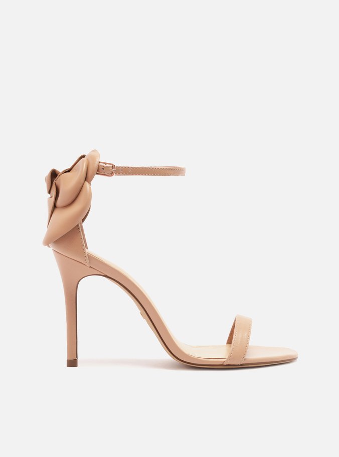 Sandália Nude Couro Salto Fino Maxi Flor