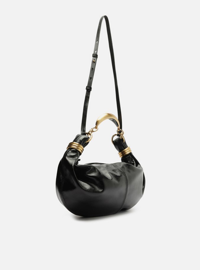 Bolsa Tiracolo Preta Couro Média Alça Argolas