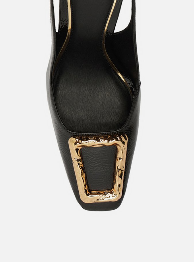 Scarpin Preto Couro Slingback Metal Verniz