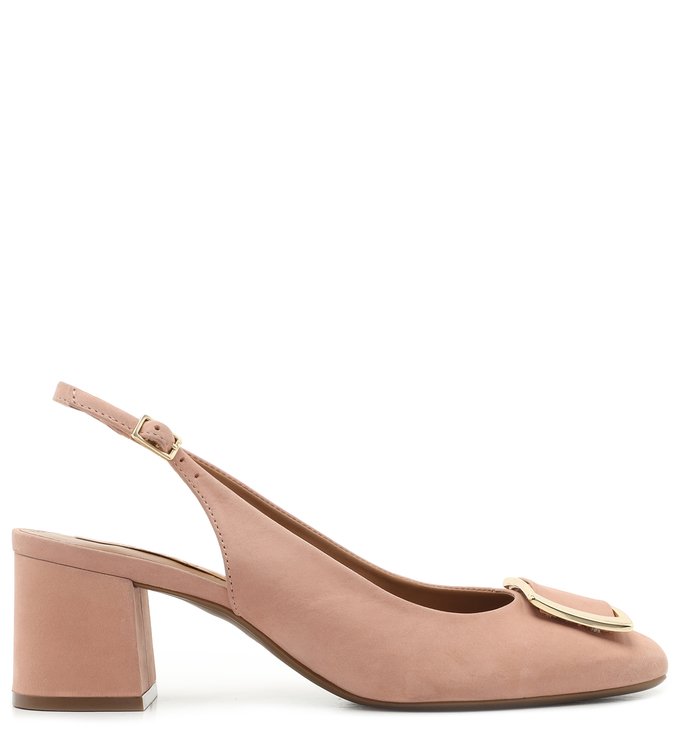 Scarpin Nude Nobuck Salto Bloco Fivela Rose Blush