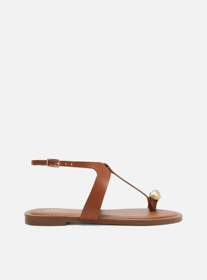 Sandália Rasteira Caramelo Couro Dedeira Metal