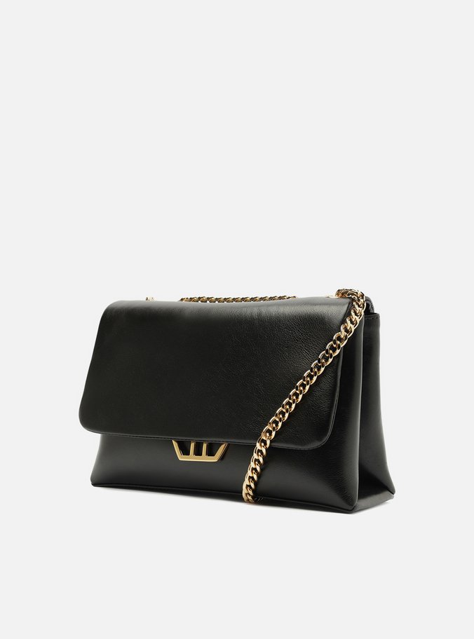 Bolsa Tiracolo Preta Couro Grande Metal