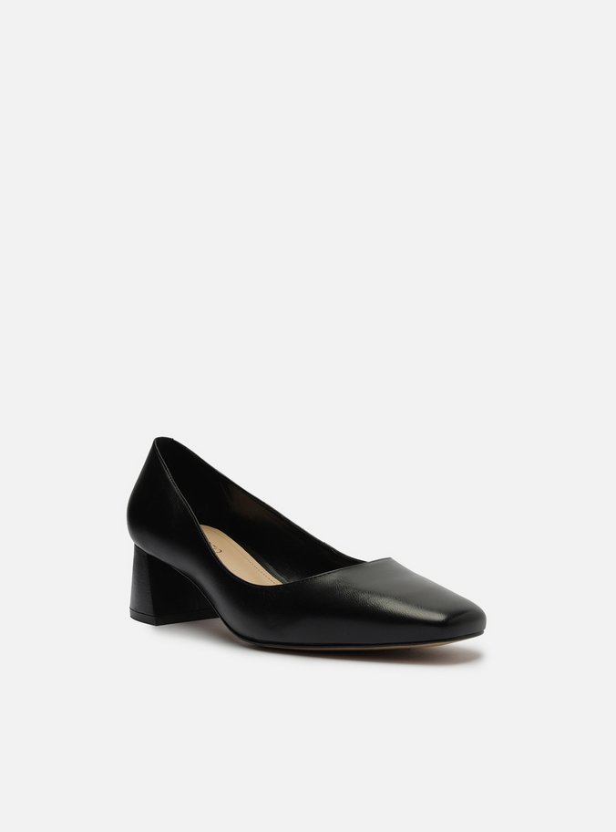 Scarpin Preto Couro Bloco Bico Quadrado
