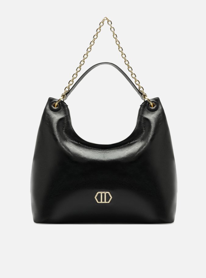 Bolsa Hobo Preta Couro Grande Metal Geométrico