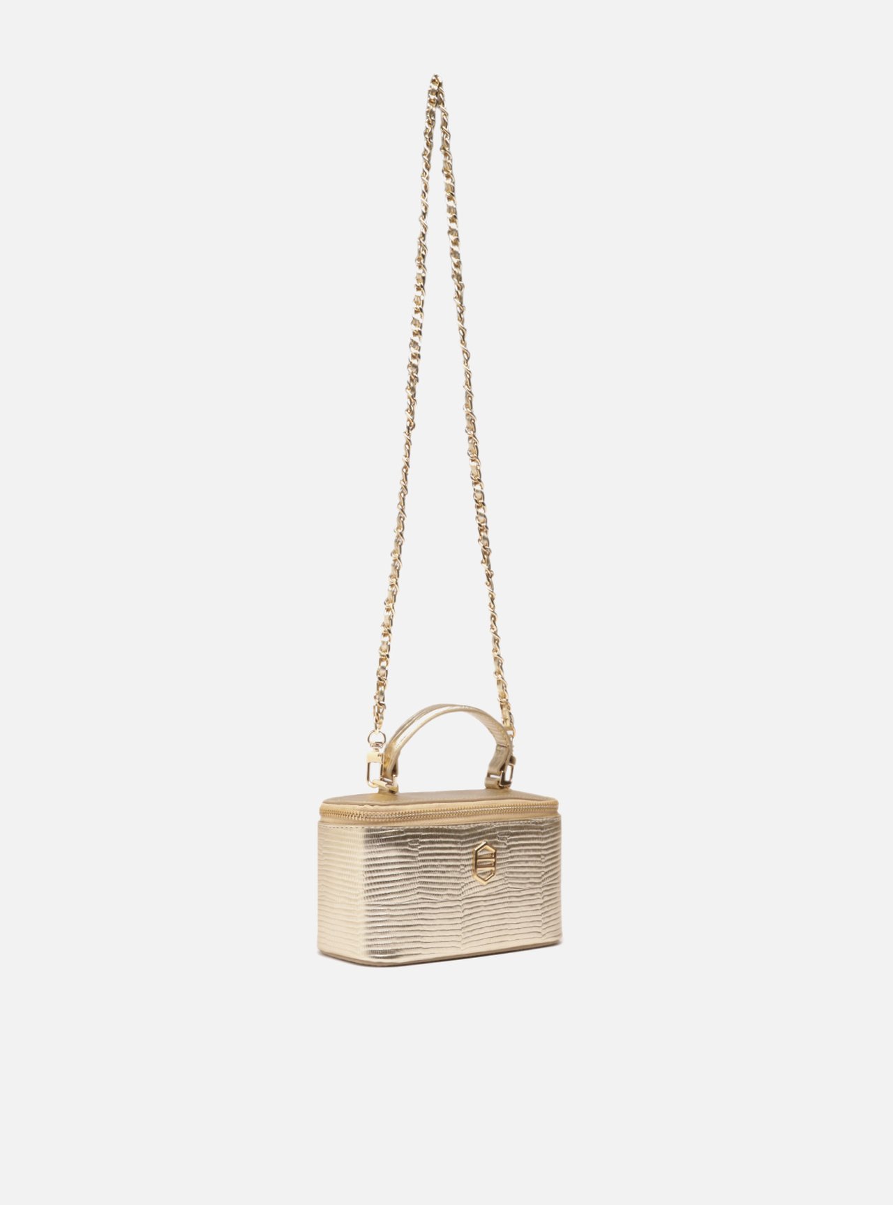 Bolsa Tiracolo Dourada Couro Pequena Croco Corrente — foto 5