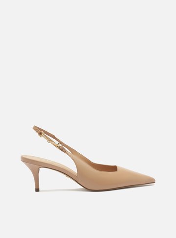 Scarpin Bege Couro Slingback Detalhe Metal