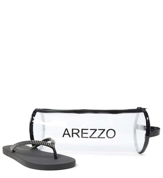 Kit Chinelo de Dedo Preto Cristais e Bag Transparente Brizza