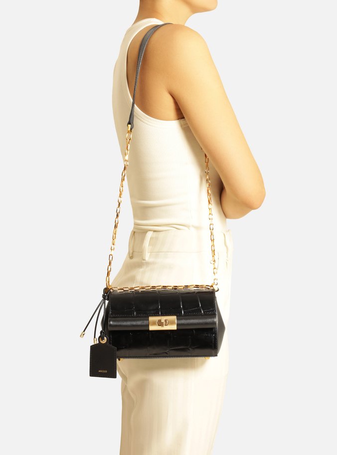 Bolsa Tiracolo Preta Couro Maxi Croco Pequena