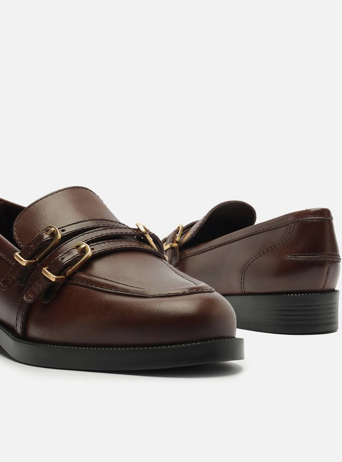 Mocassim Marrom Couro Tiras Fivelas