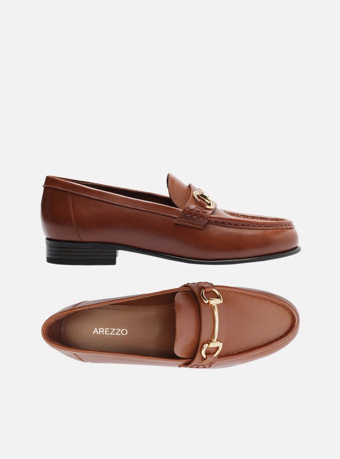 Mocassim Marrom Couro Tira Bridão Metálico