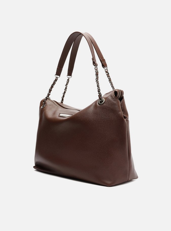 Bolsa Shopping Marrom Escura Couro Grande Metal