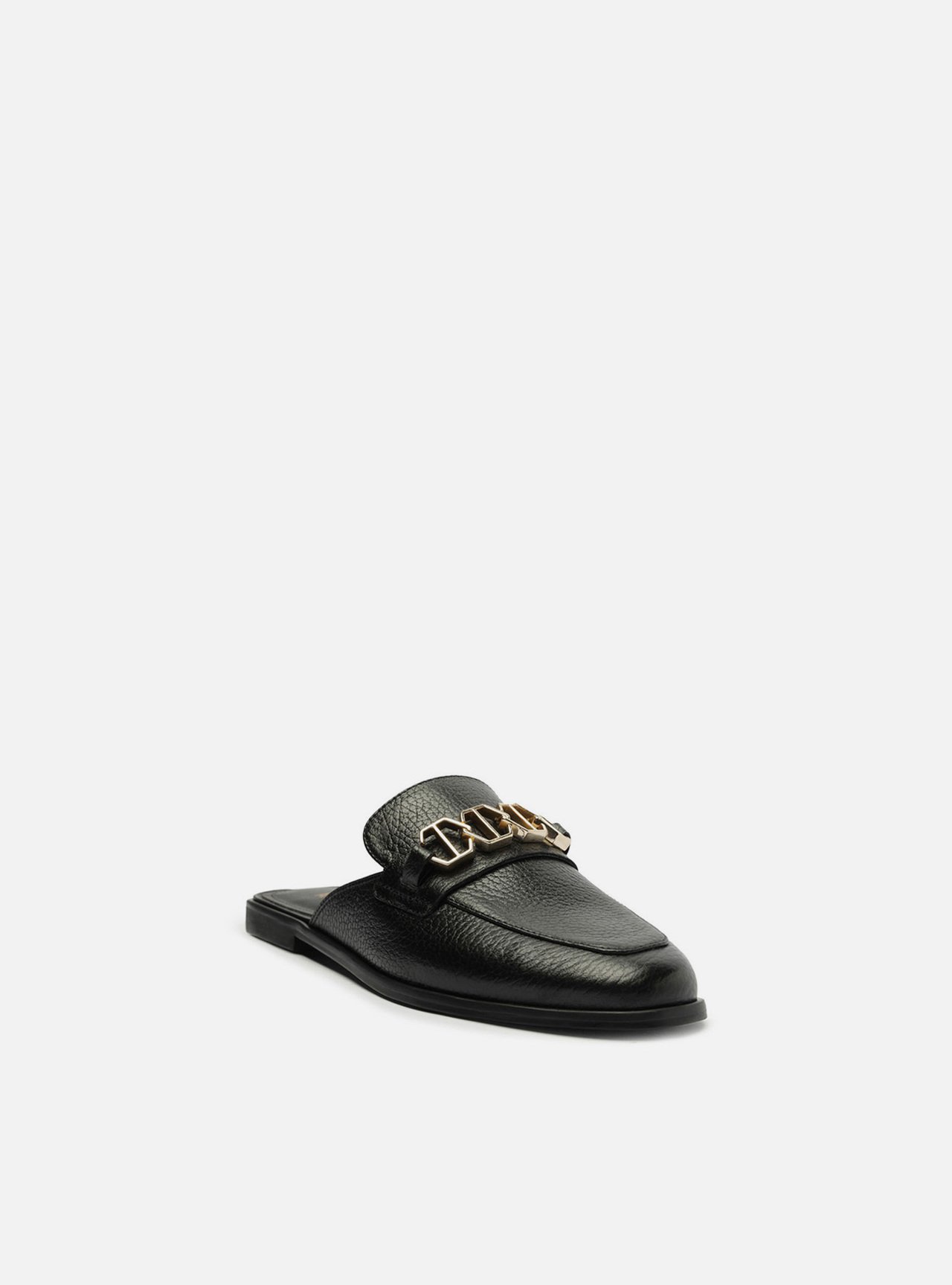 Mule Preto Couro Bico Redondo Metal — foto 2