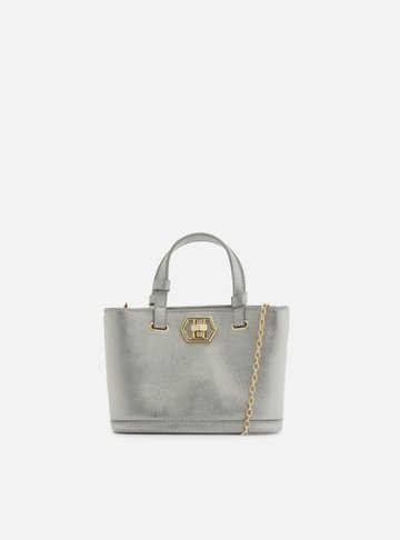Bolsa Tote Prata Couro Pequena Encaixe Metal