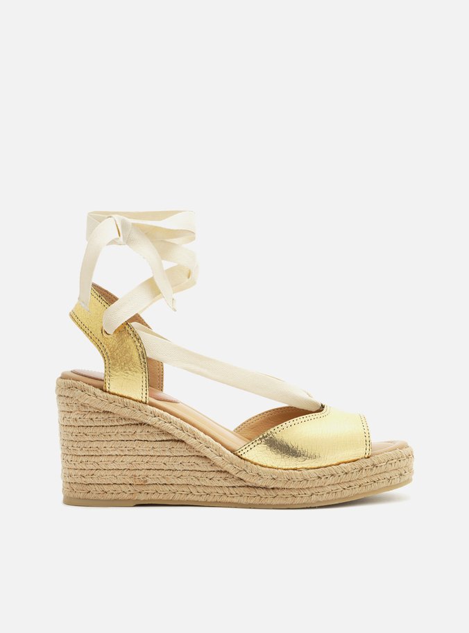 Espadrille Dourada Couro Plataforma Amarração