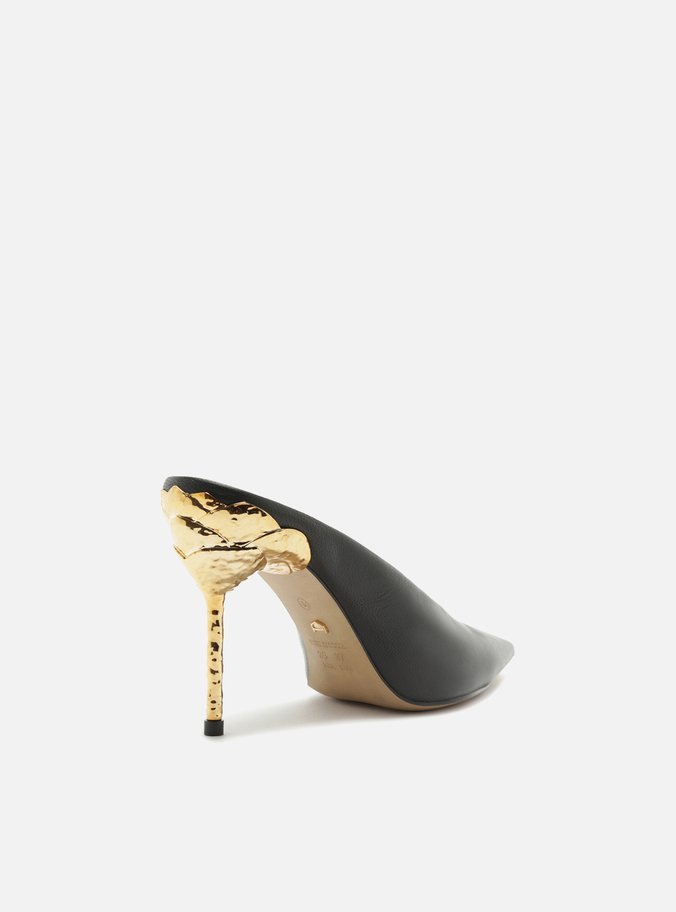 Mule Preta Couro Salto Fino Dourado Aberto