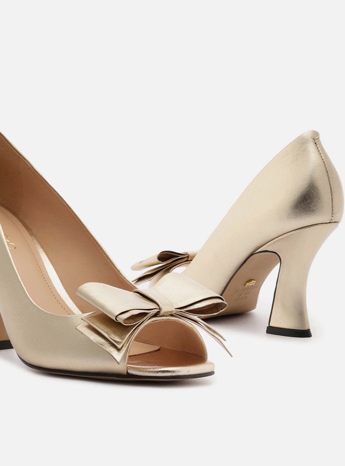 Peep Toe Dourado Couro Salto Médio Laço