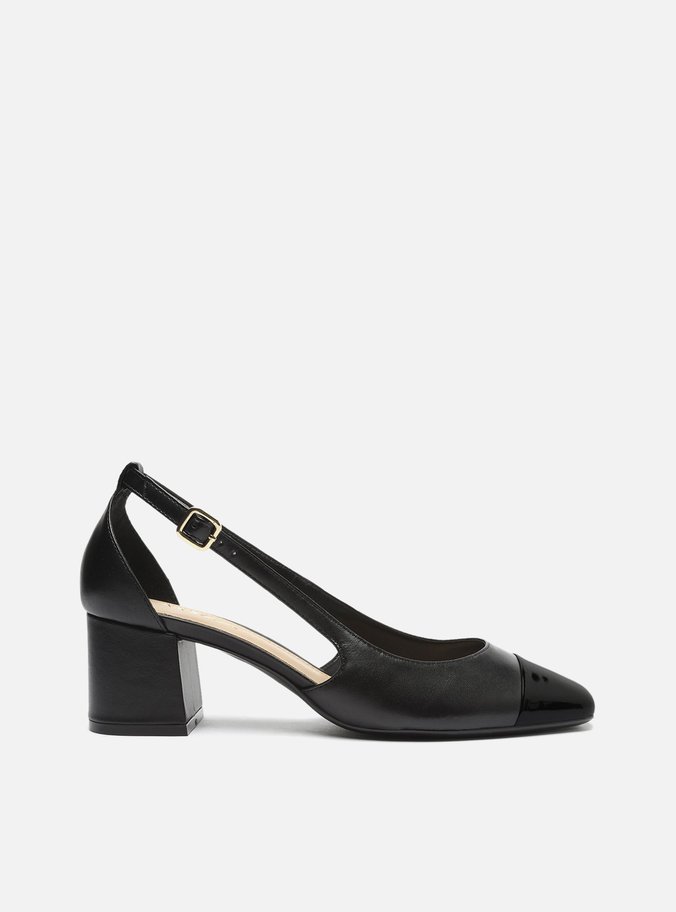 Scarpin Preto Couro Salto Bloco Vazado Verniz