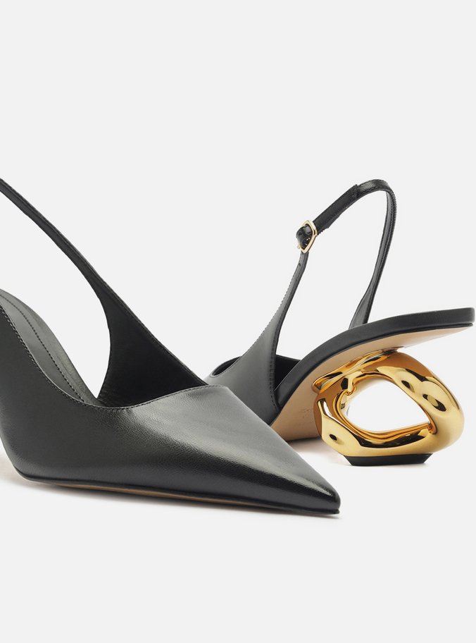 Scarpin Preto Couro Salto Geométrico Slingback