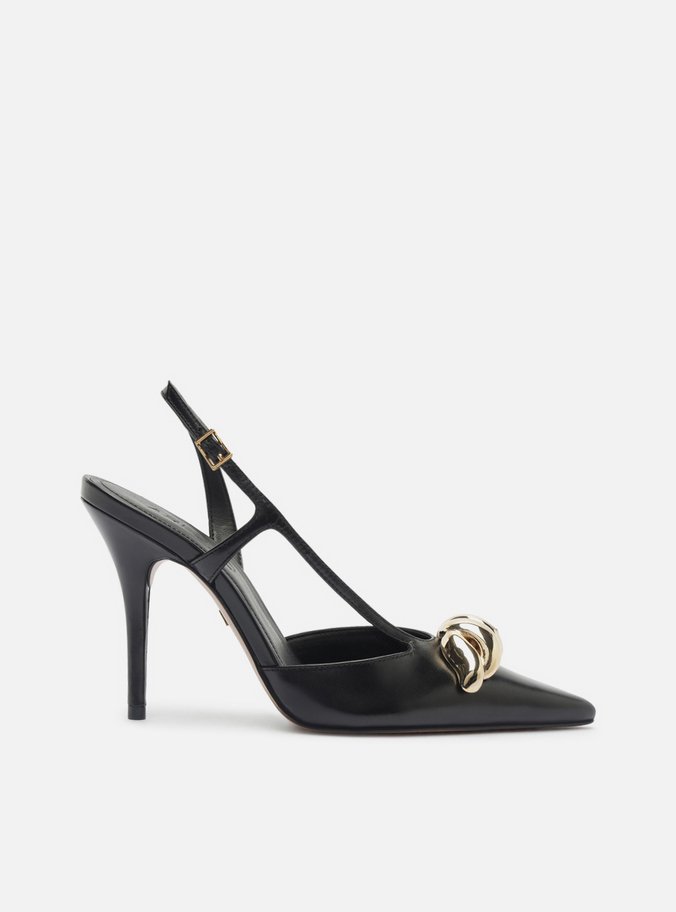 Scarpin Preto Couro Metal Bico Fino