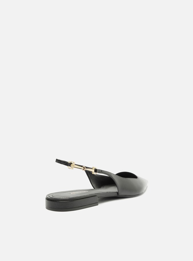 Sapatilha Preta Couro Slingback Detalhe Metal