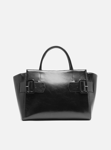 Bolsa Tote Preta Couro Grande Fivelas