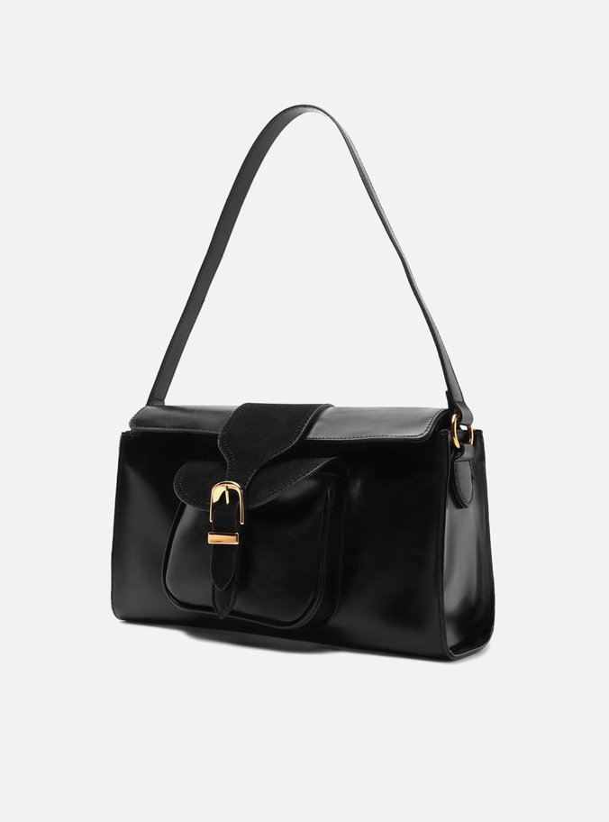 Bolsa Shoulder Preta Média Bolso Camurça