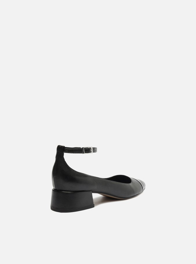 Sapato Boneca Preto Couro Bico Quadrado Cap Toe