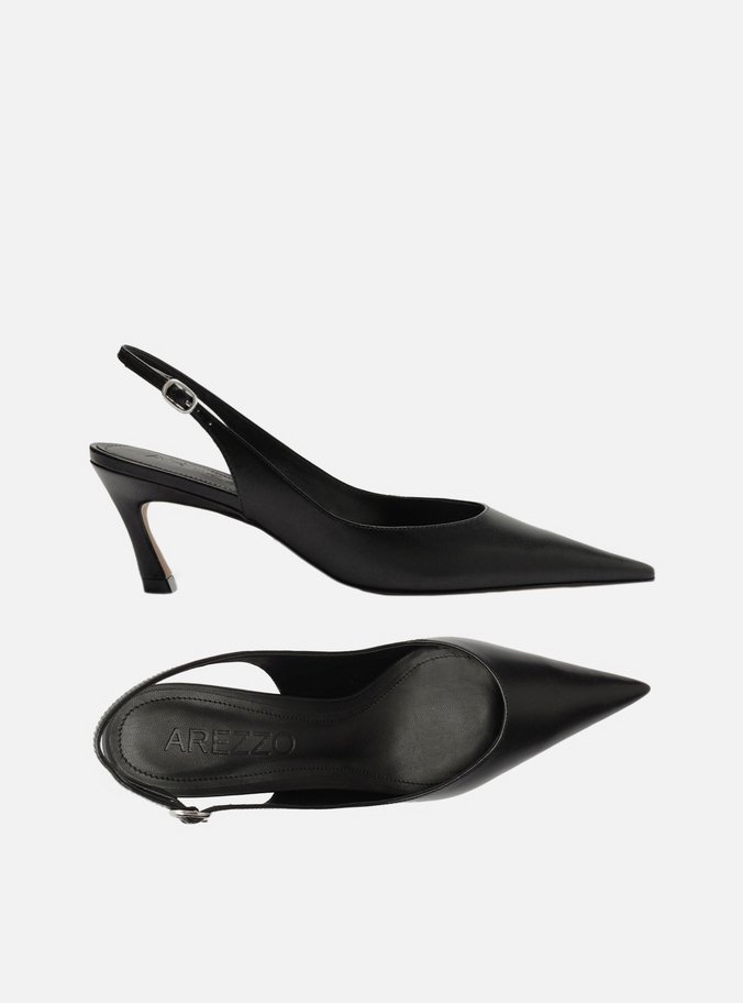 Scarpin Preto Couro Salto Baixo Slingback Esther