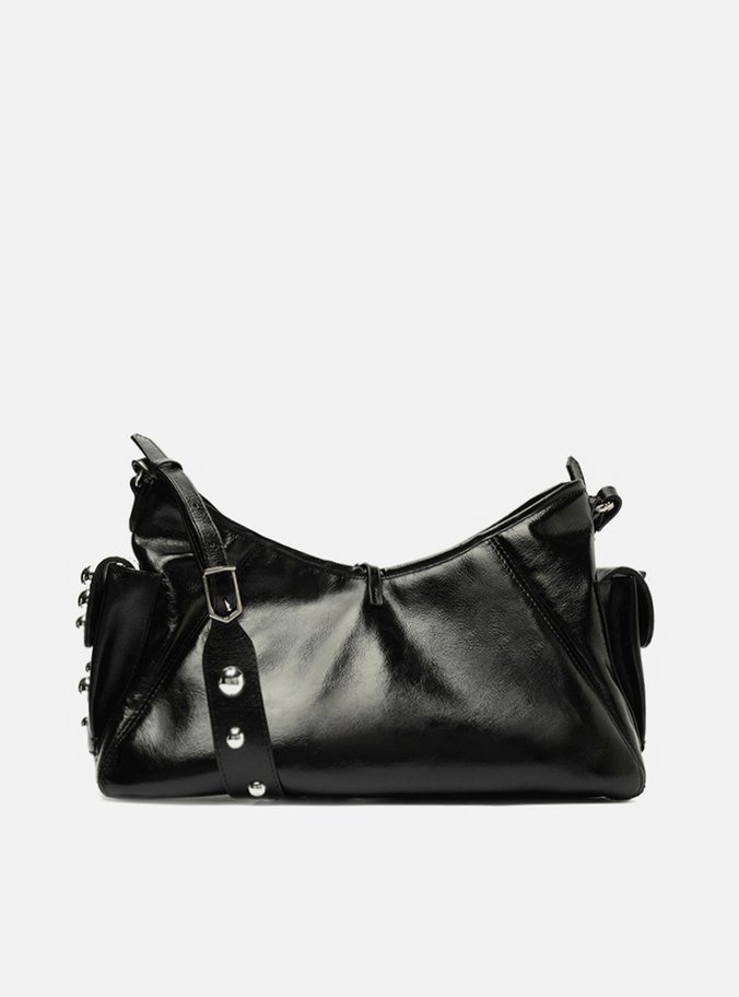 Bolsa Tiracolo Preta Couro Pequena Spikes