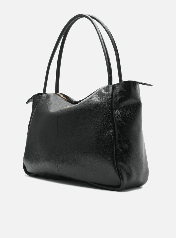 Bolsa Shopping Preta Couro Grande Tag Metal