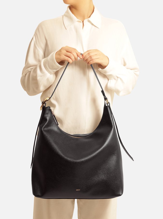 Bolsa Hobo Preta Couro Grande Básica