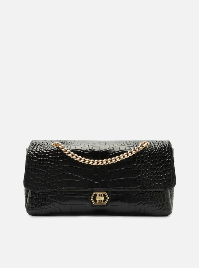 Bolsa Tiracolo Preta Couro Grande Croco Corrente