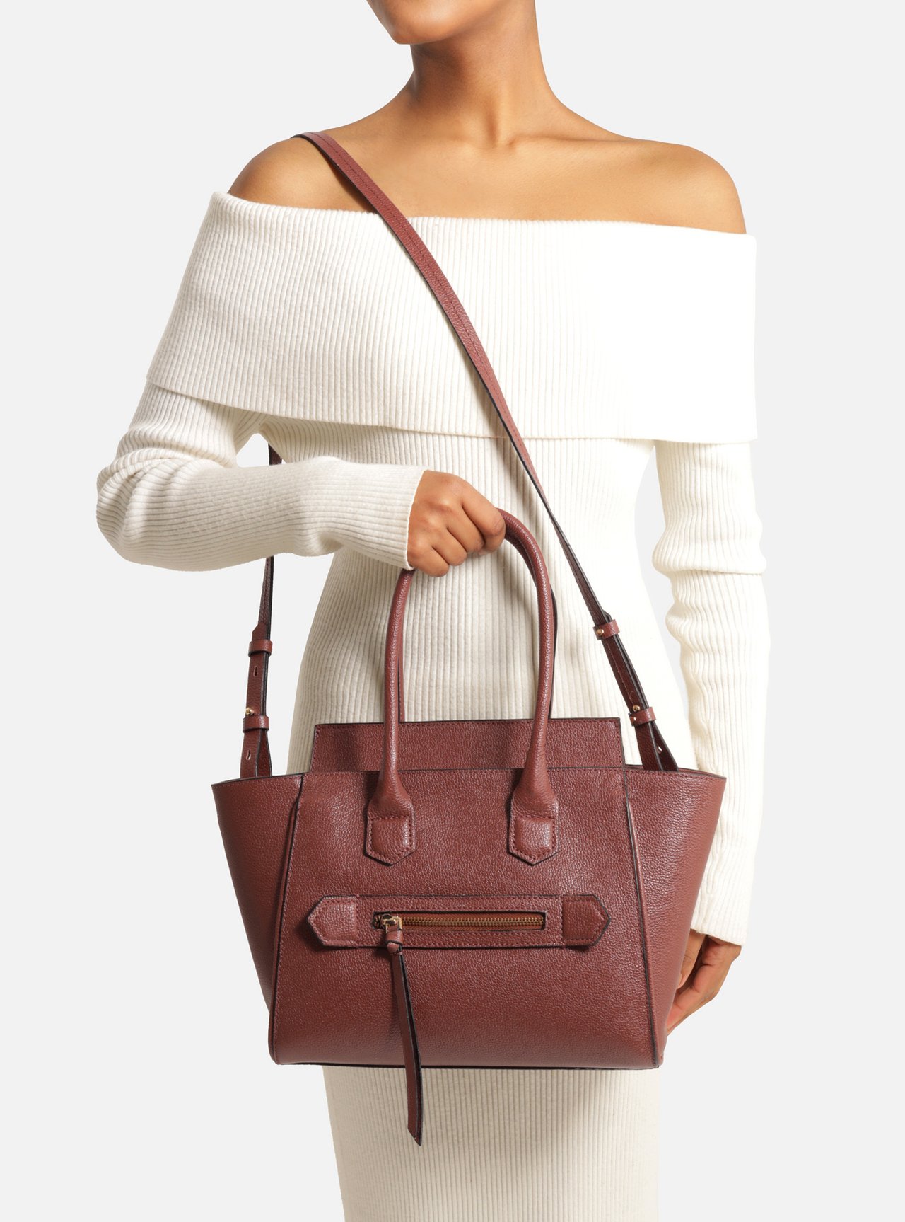 Bolsa Tote Marrom Couro Média Bolso Zíper — foto 6