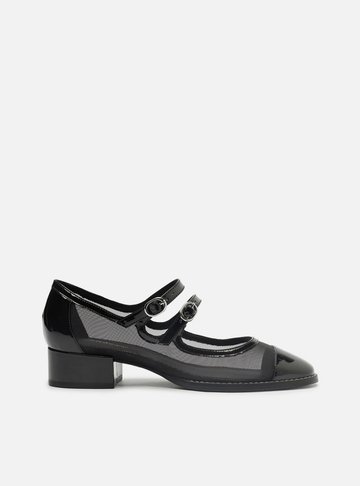 Sapato Boneca Preto Tela Bloco Cap Toe