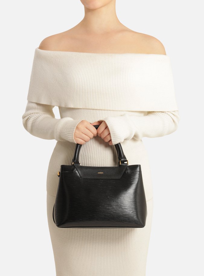 Bolsa Tote Preta Couro Textura Média