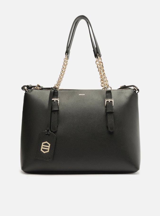 Bolsa Tote Preta Couro Grande Alça Corrente