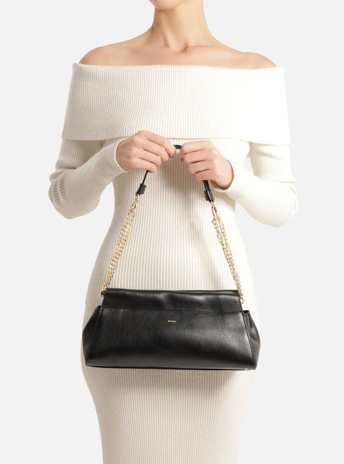 Bolsa Shoulder Preta Couro Grande Corrente Dupla