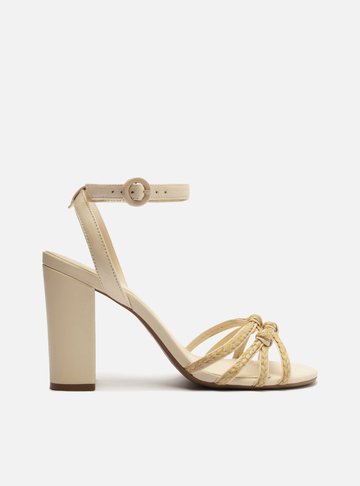 Arezzo — Sandália Off-White Salto Alto Bloco Multitiras