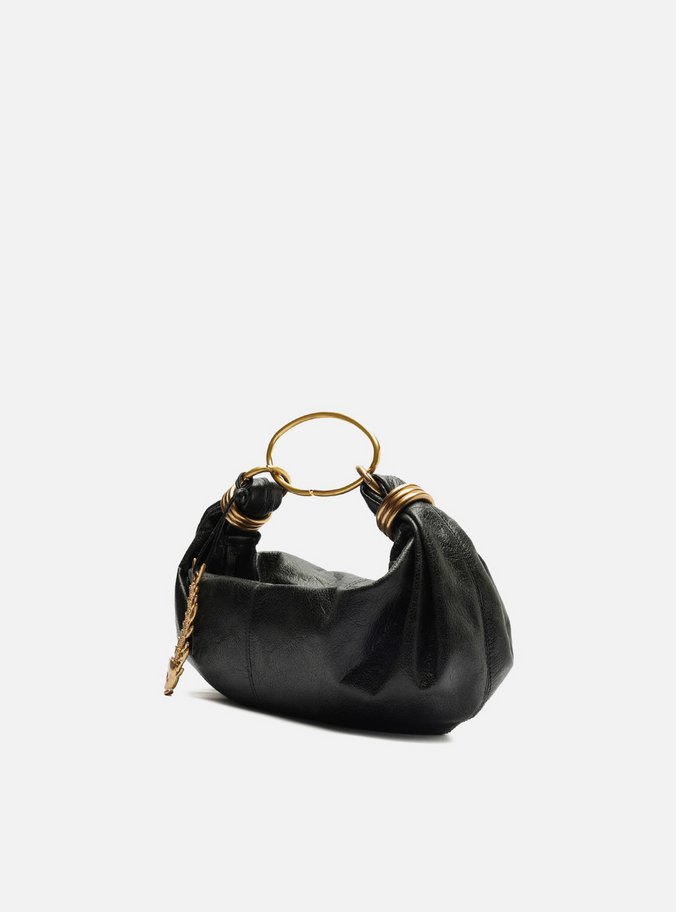 Bolsa Tiracolo Preta Couro Média Metais