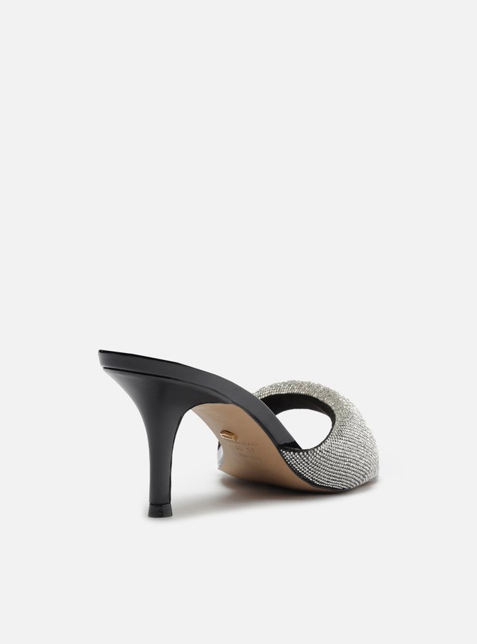 Mule Preta Salto Fino Tira Bold Strass