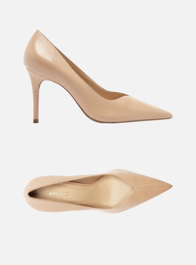 Scarpin Nude Couro Salto Médio Fino Detalhe