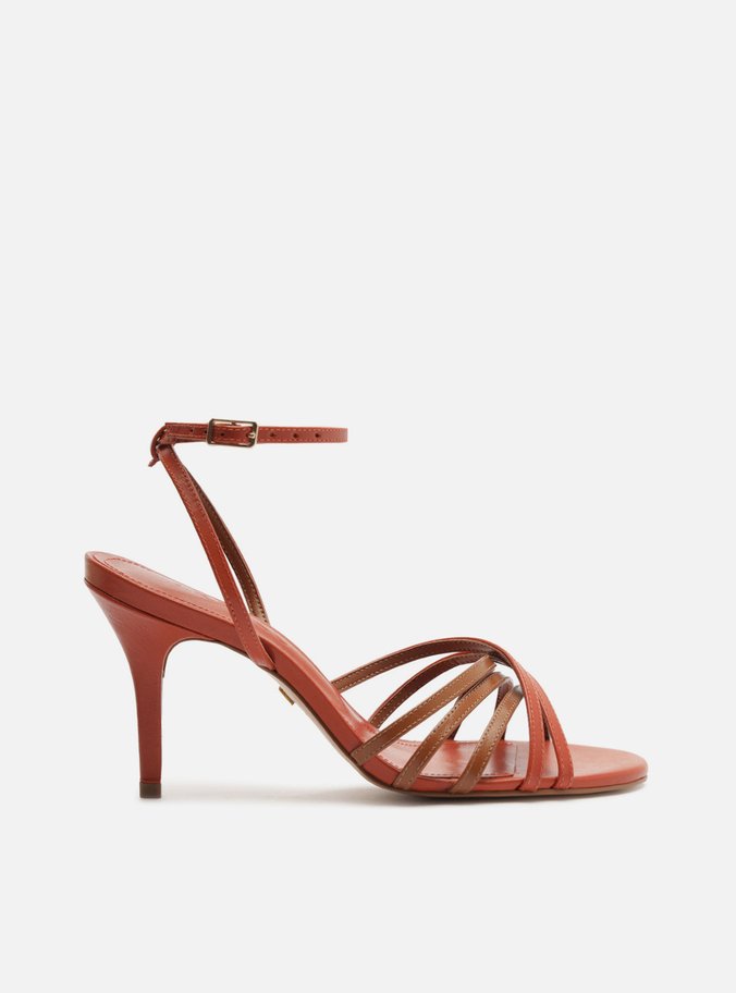 Sandália Laranja Couro Salto Médio Tiras