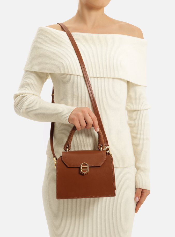 Bolsa Tiracolo Marrom Couro Pequena Metal Geométrico