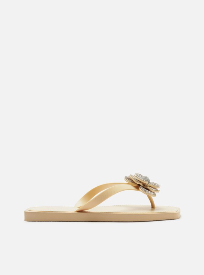 Chinelo de Dedo Bege Recouro Square Flor Strass