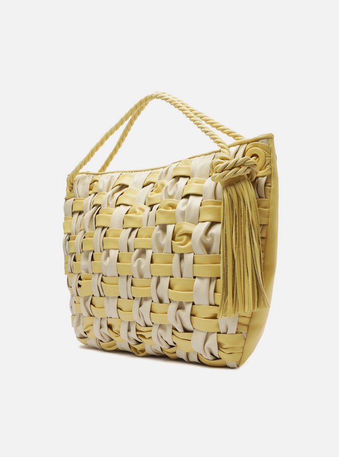 Bolsa Hobo Amarela Couro Grande Tressê Bicolor