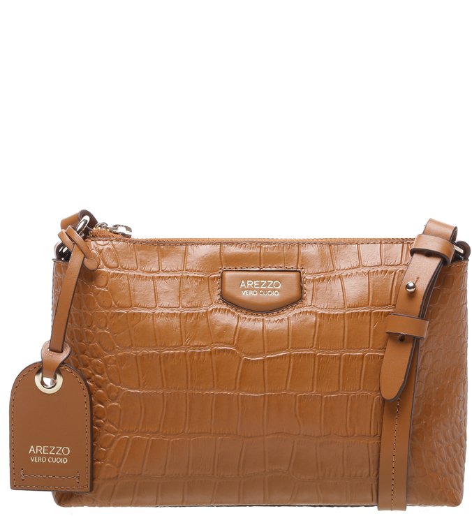 Bolsa Tiracolo Couro Croco Giornata Nero Pequena Apricot Tan